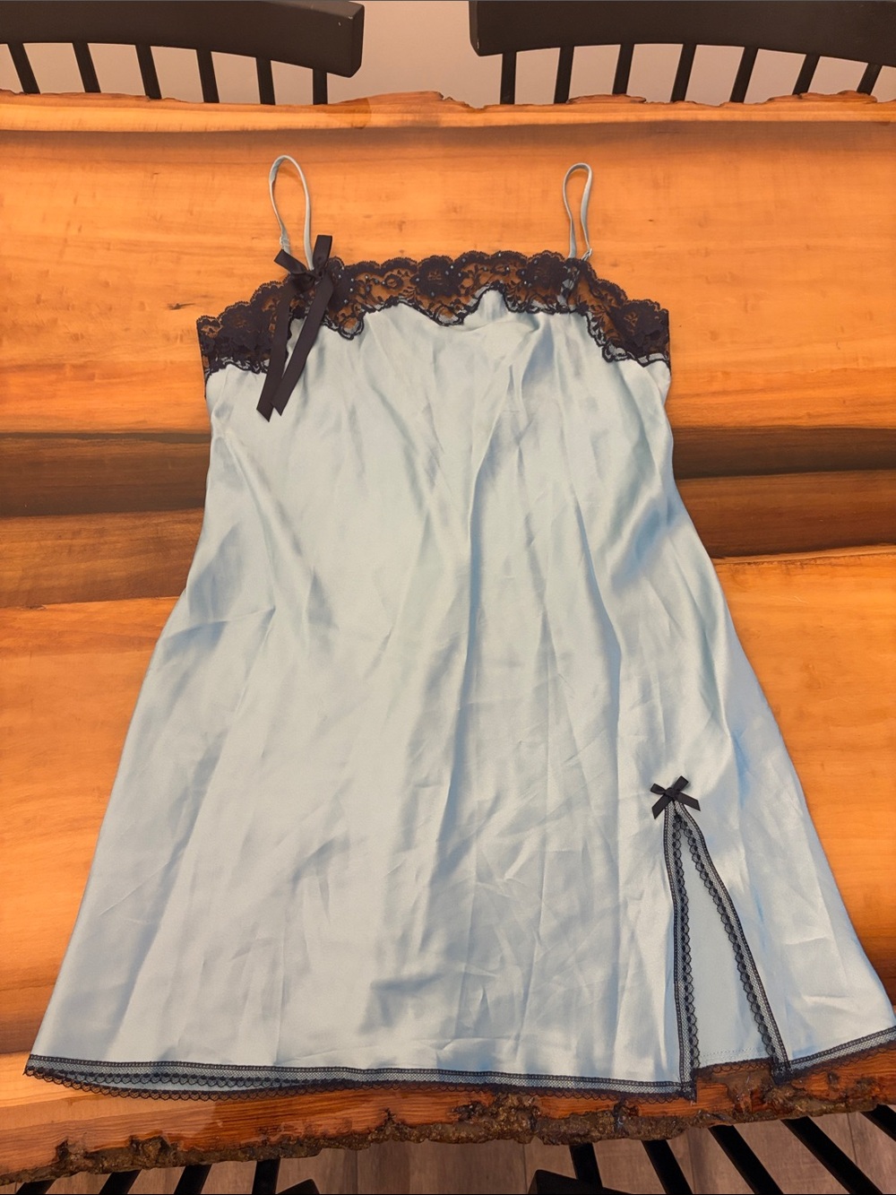Vintage Victoria's Secret Light Blue Slip with Navy Lace Trim